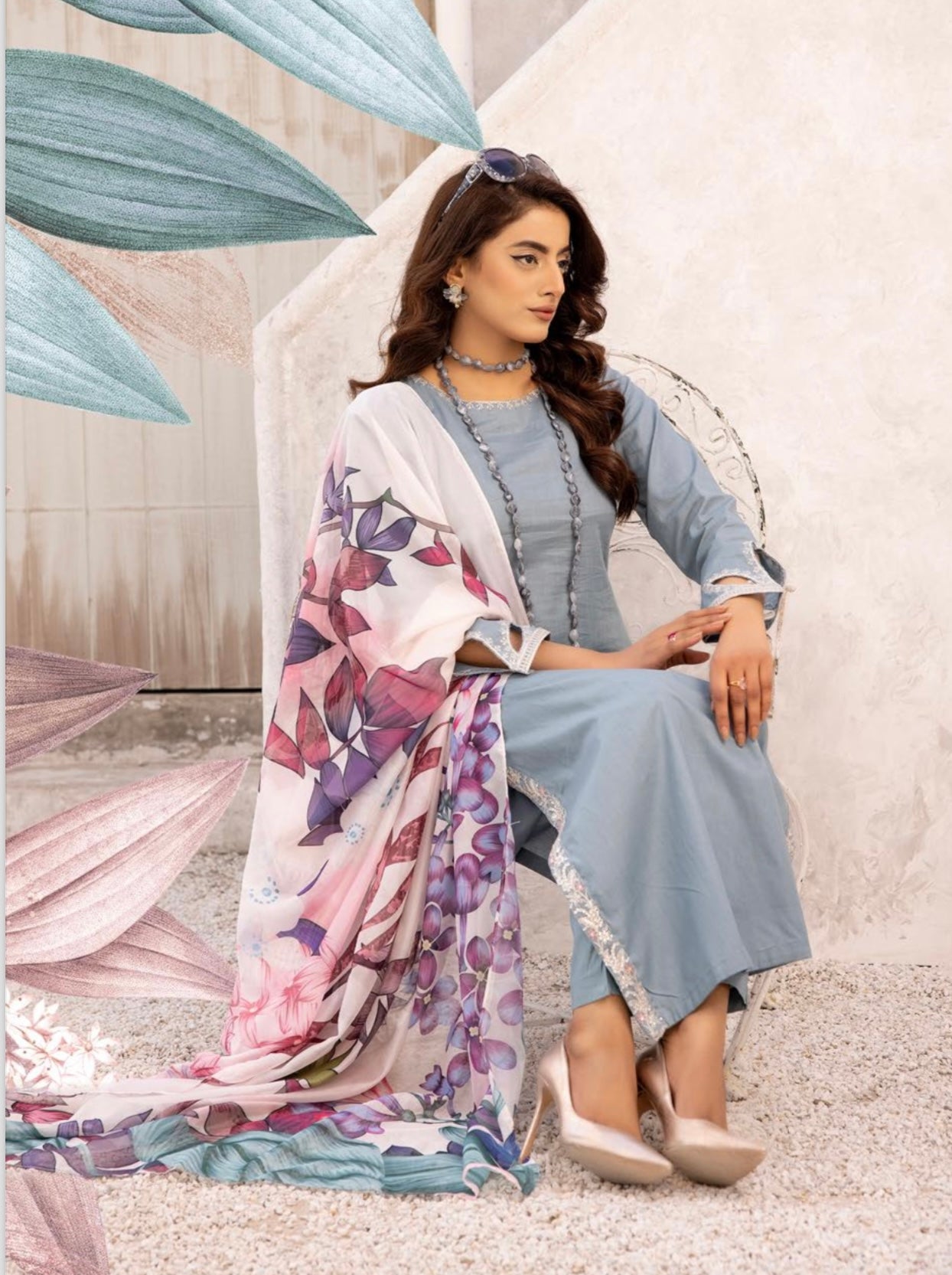 FLORENCE By SIMRANS Cotton collection 3PC cutwork embroidered readymade suit GREY
