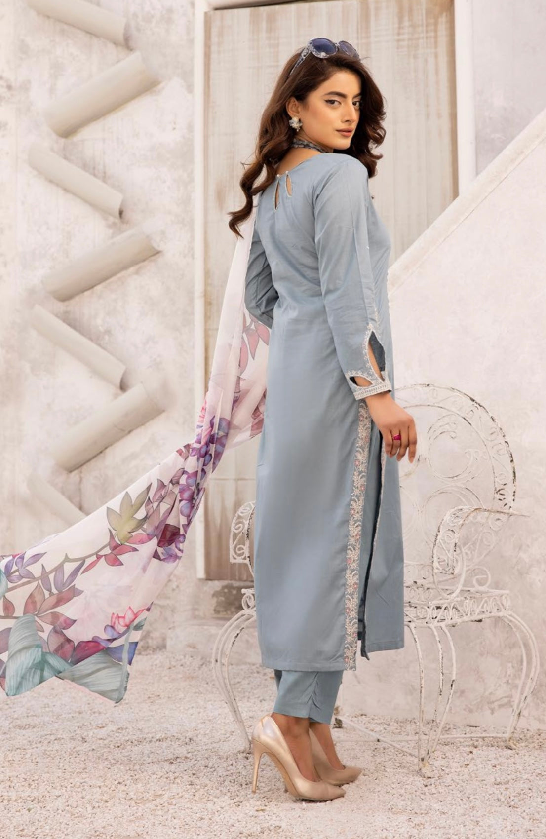 FLORENCE By SIMRANS Cotton collection 3PC cutwork embroidered readymade suit GREY