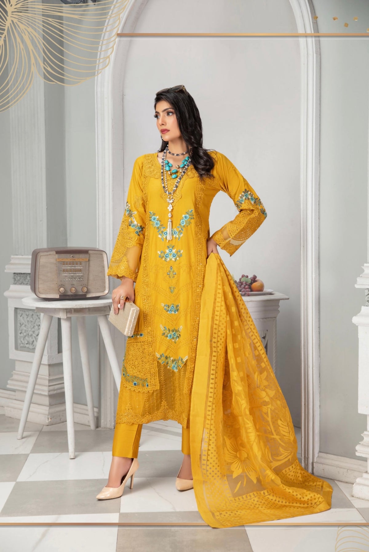 Maria B Inspired Embroidered Long Mustard Kameez 3 Piece Outfit With Net Dupatta
