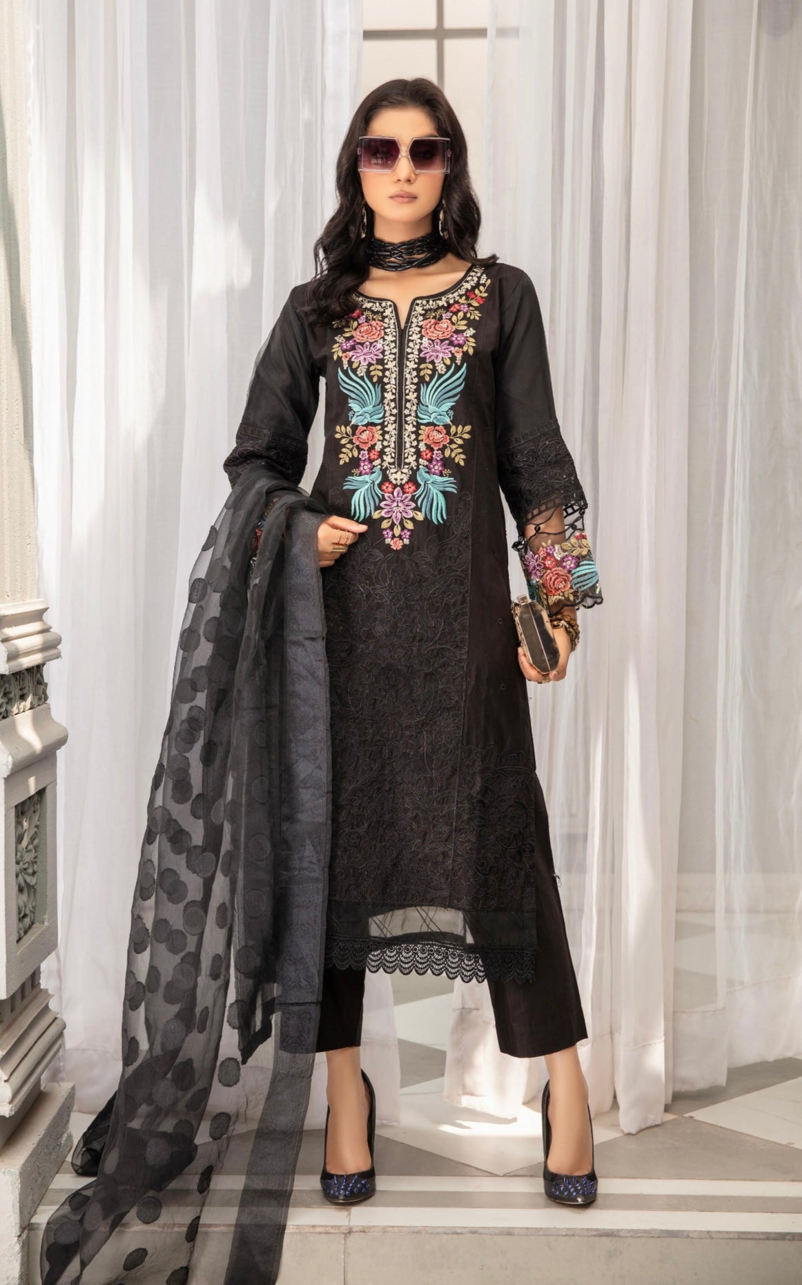 Maria B Inspired Embroidered Long BLACK Kameez 3 Piece Outfit With Net Dupatta