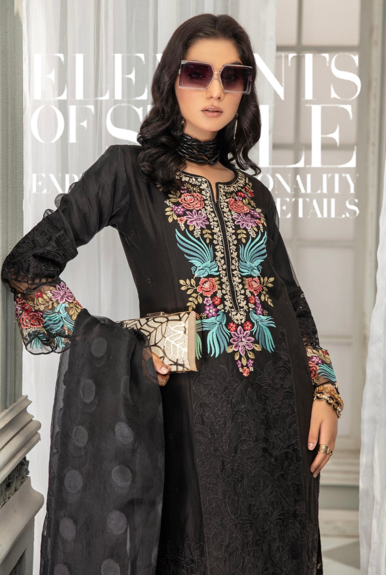 Maria B Inspired Embroidered Long BLACK Kameez 3 Piece Outfit With Net Dupatta