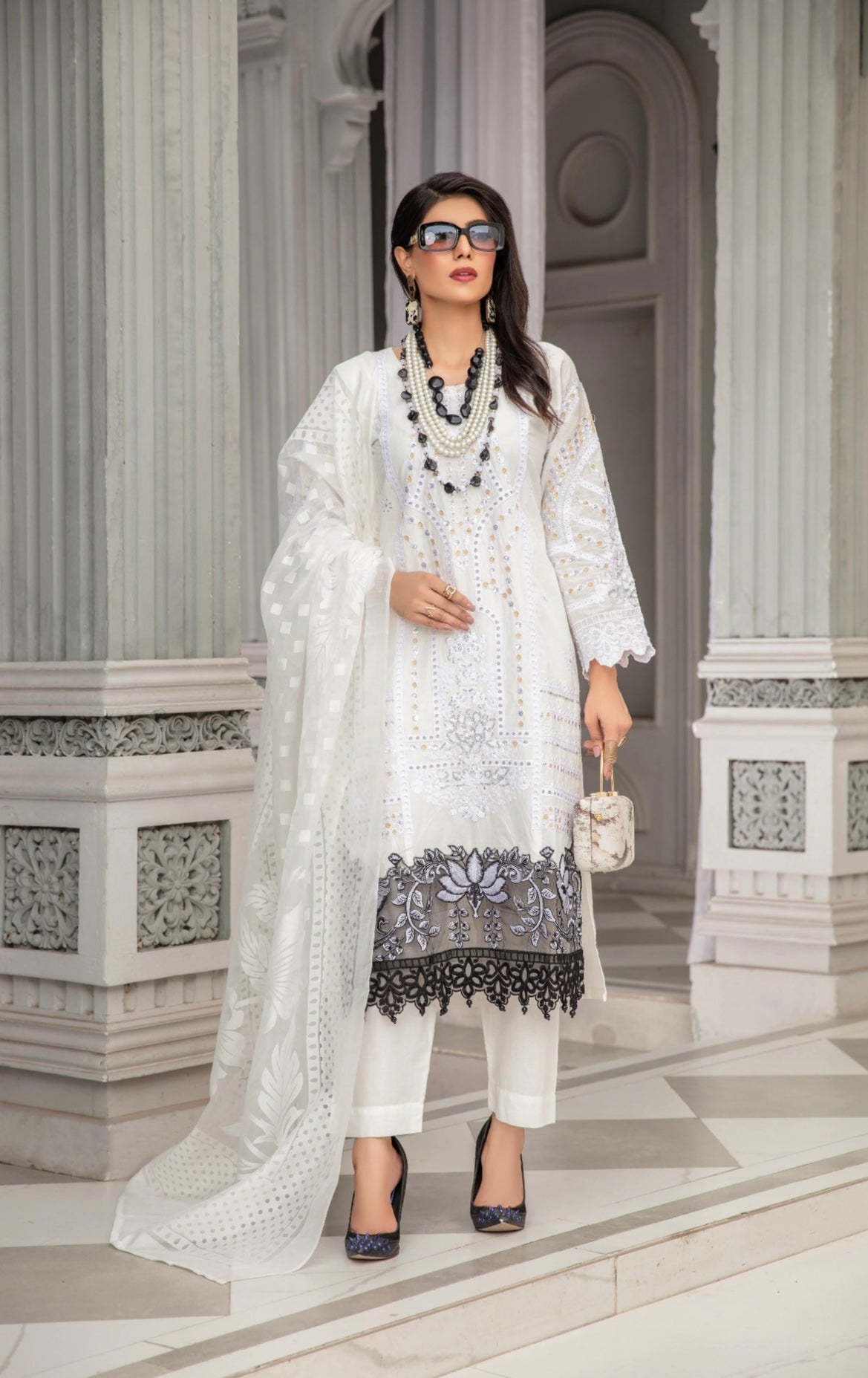 Maria B Inspired Embroidered Long WHITE Kameez 3 Piece Outfit With Net Dupatta