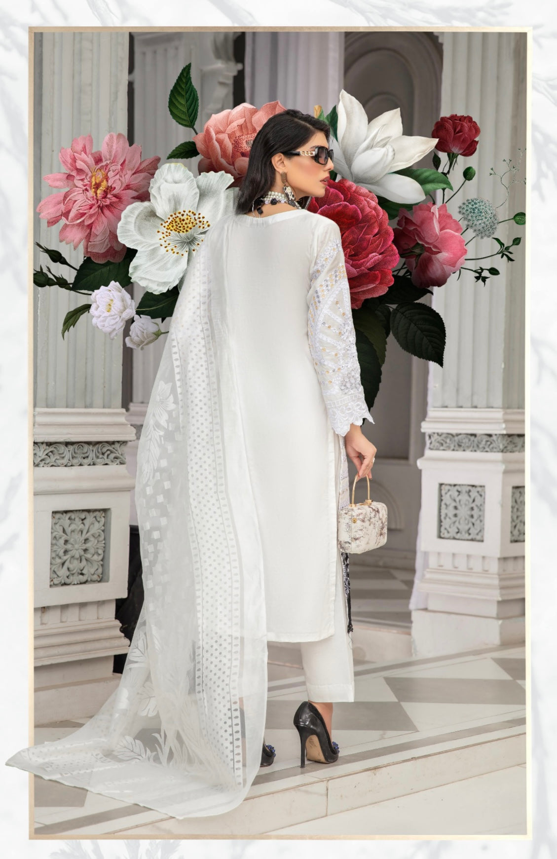 Maria B Inspired Embroidered Long WHITE Kameez 3 Piece Outfit With Net Dupatta