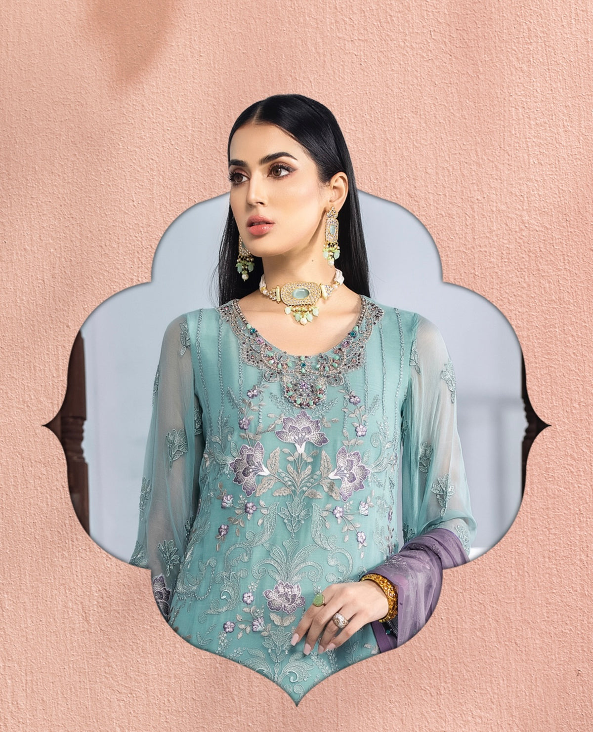 SIMRANS Erica chiffon 3 piece embroidered cabana blue suit in sea green