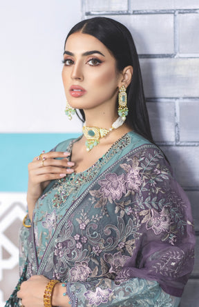 SIMRANS Erica chiffon 3 piece embroidered cabana blue suit in sea green