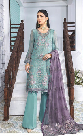 SIMRANS Erica chiffon 3 piece embroidered cabana blue suit in sea green