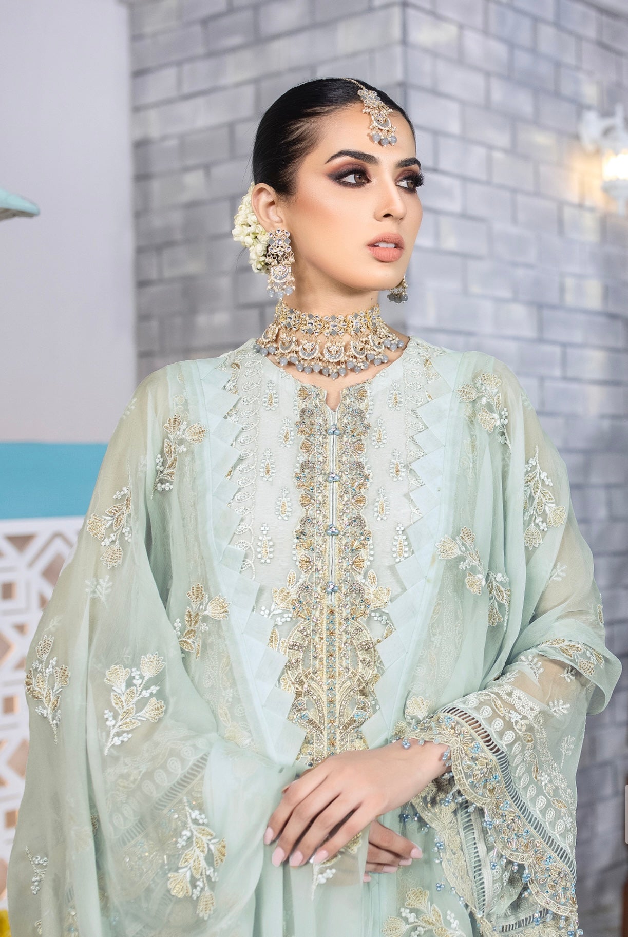 SIMRANS Erica chiffon 3 piece embroidered morning mist suit in light sea green MORNING-MIST-LIGHTSEAGREEN