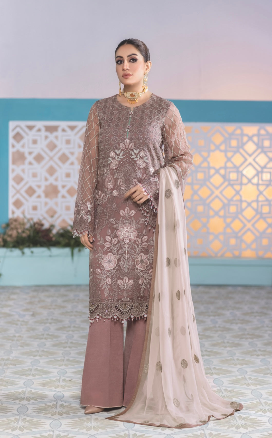 SIMRANS Erica chiffon 3 piece embroidered mellow rose MELLOW-ROSE-ROSE