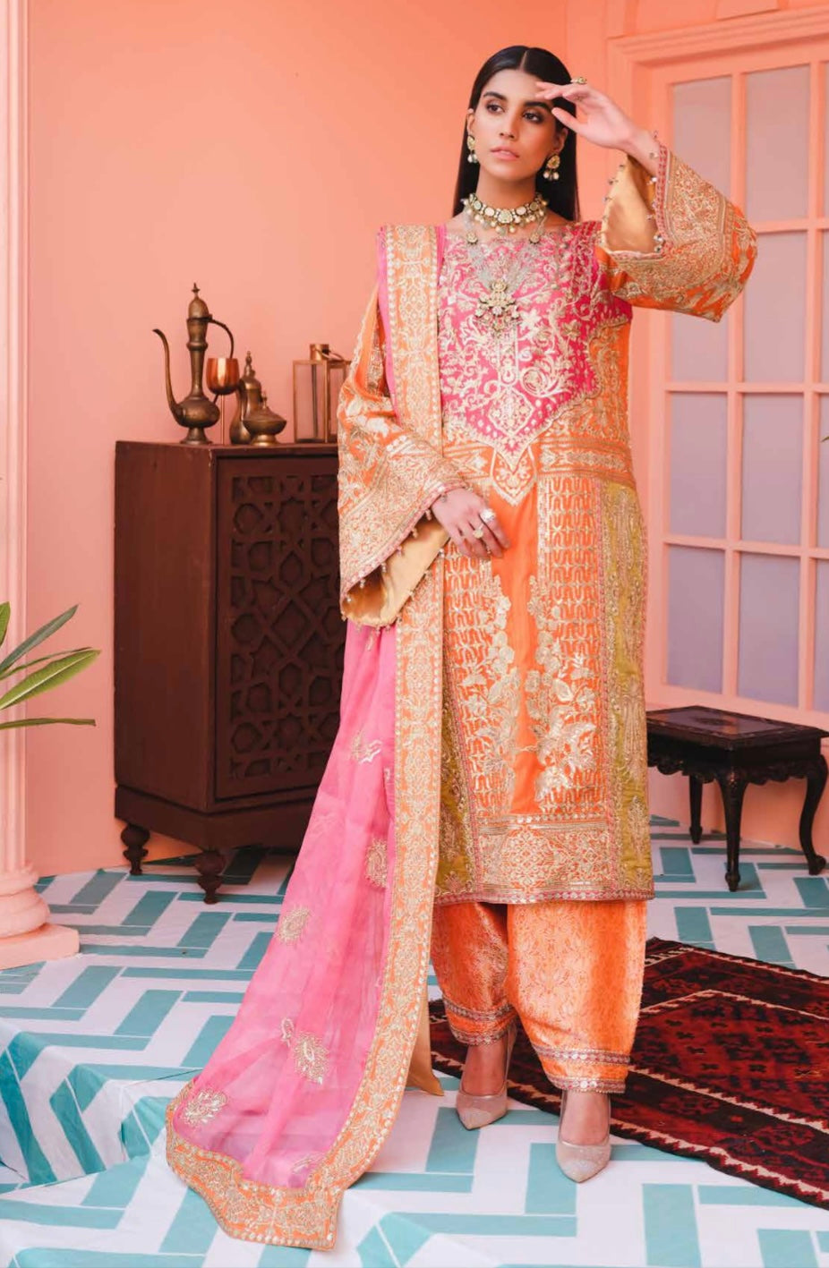 Mashq Simrans 3 piece premium embroidered collection in orange and pink