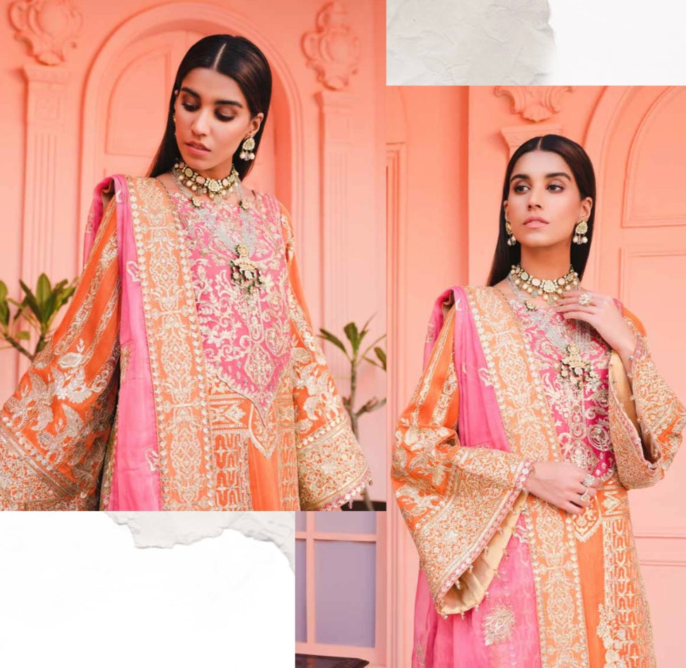 Mashq Simrans 3 piece premium embroidered collection in orange and pink