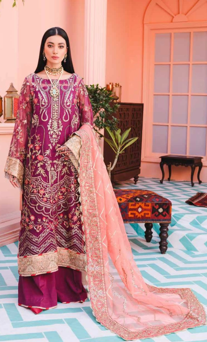 Mashq by Simrans chiffon 3 piece premium embroidered collection in purple