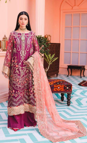 Mashq by Simrans chiffon 3 piece premium embroidered collection in purple