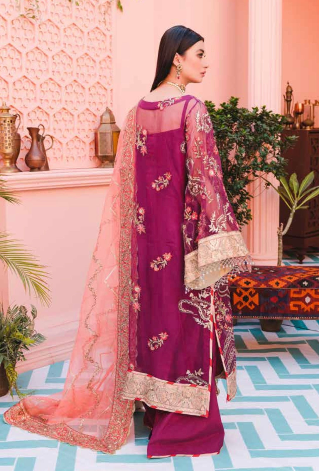 Mashq by Simrans chiffon 3 piece premium embroidered collection in purple