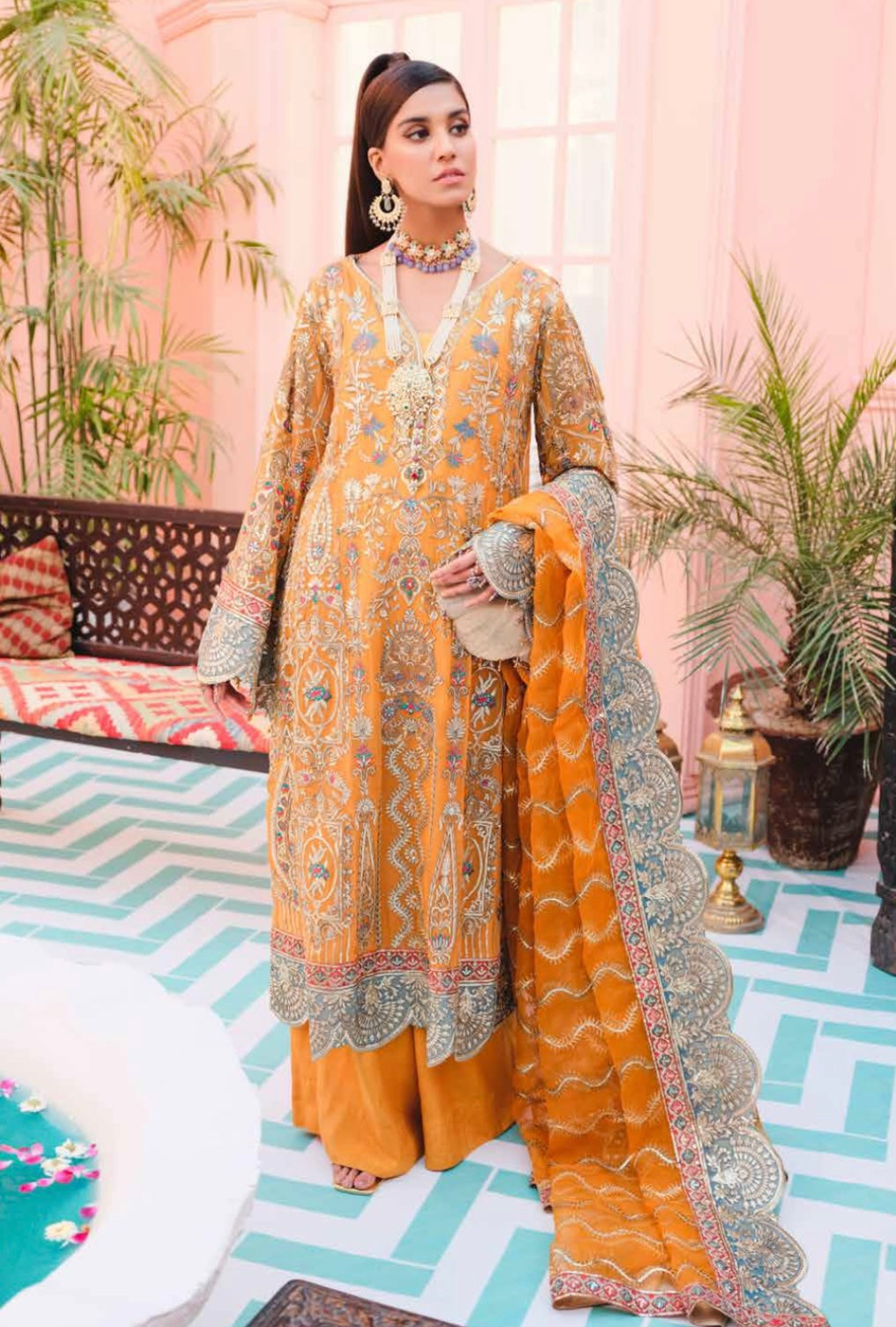 Mashq by Simrans chiffon 3 piece premium embroidered collection in mustard