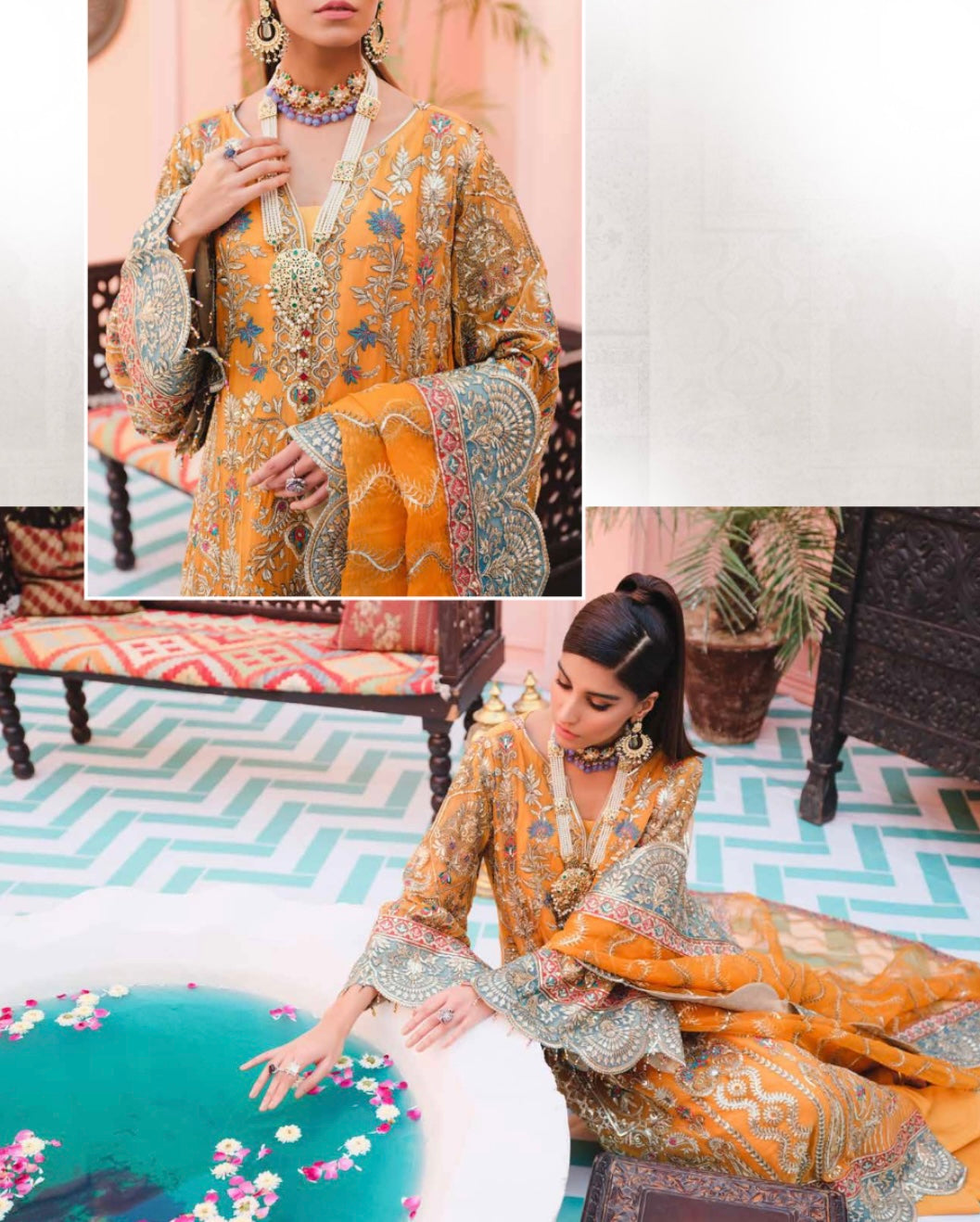 Mashq by Simrans chiffon 3 piece premium embroidered collection in mustard