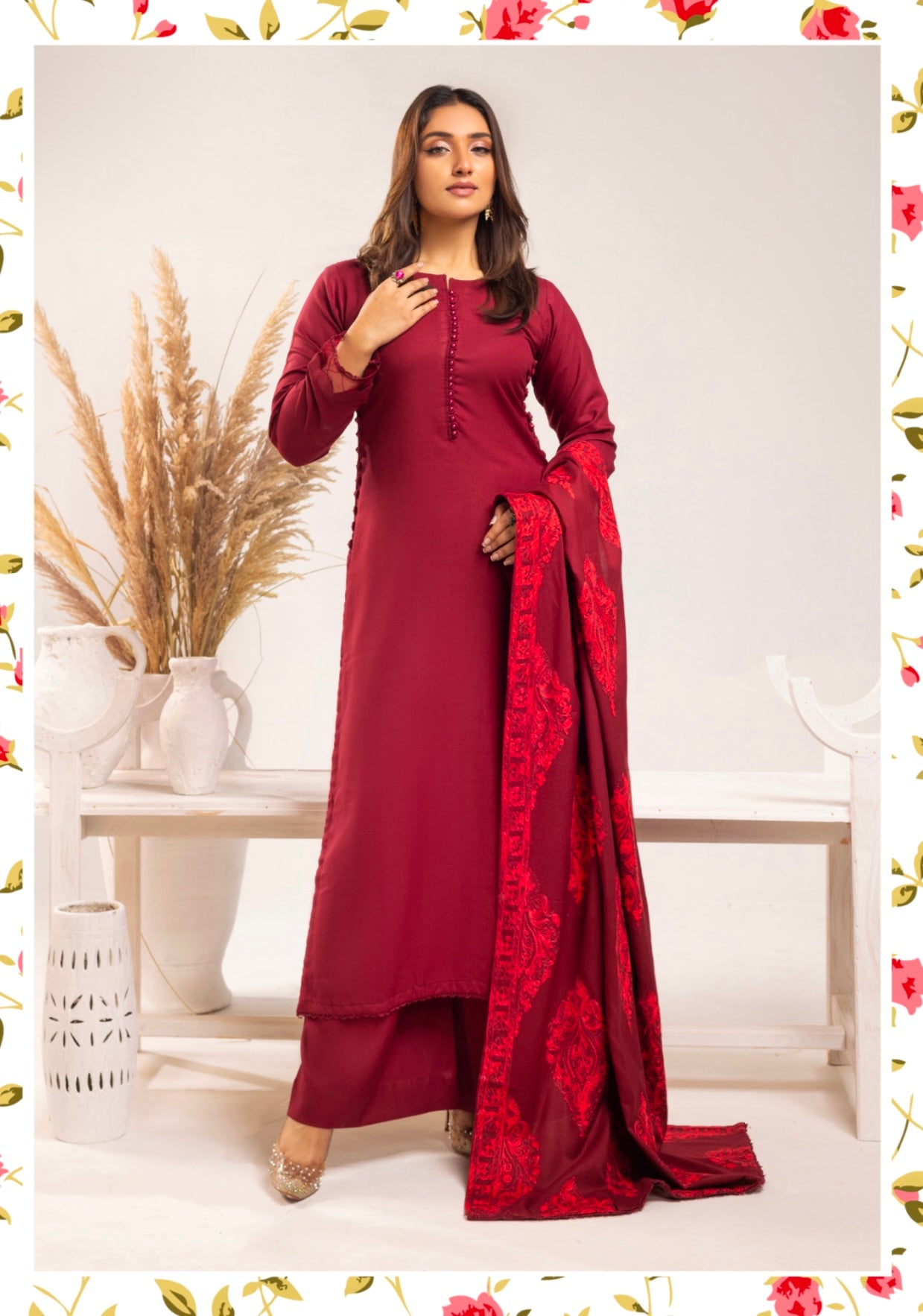 SIMRANS ‘AZURE’ | EMBROIDERED DHANAK READYMADE | SM801 (MAROON)