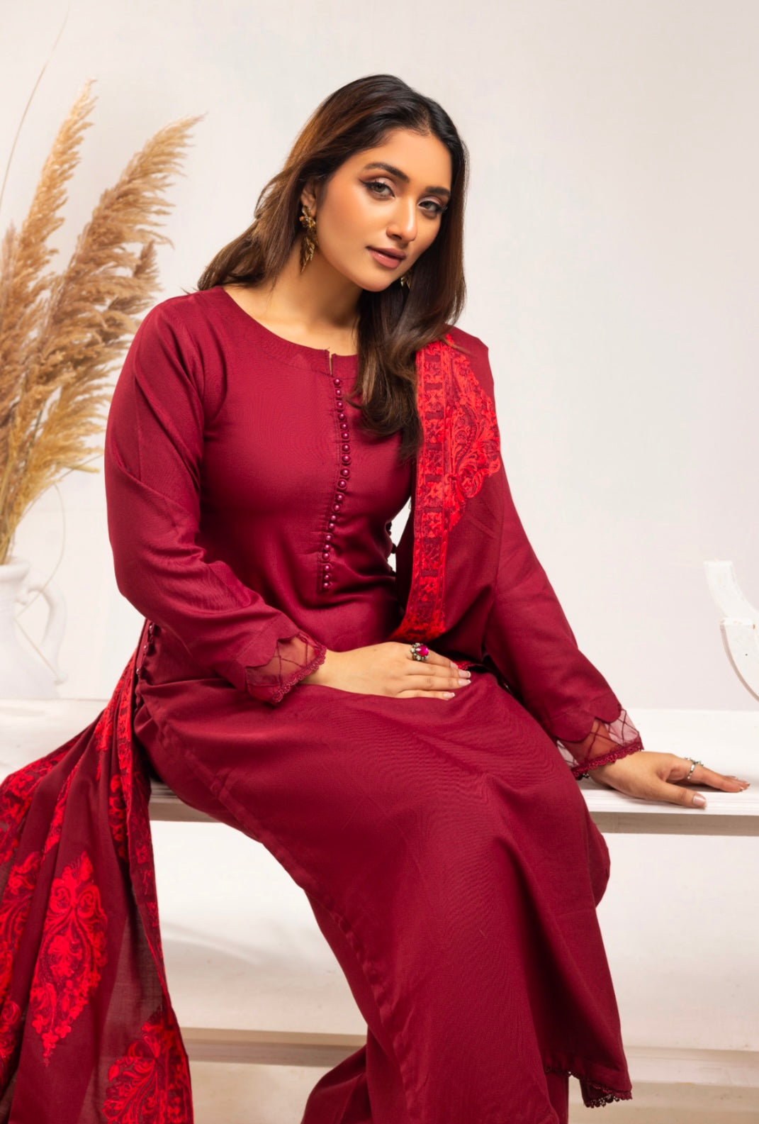 SIMRANS ‘AZURE’ | EMBROIDERED DHANAK READYMADE | SM801 (MAROON)