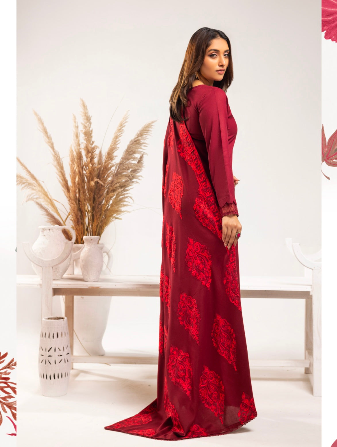 SIMRANS ‘AZURE’ | EMBROIDERED DHANAK READYMADE | SM801 (MAROON)