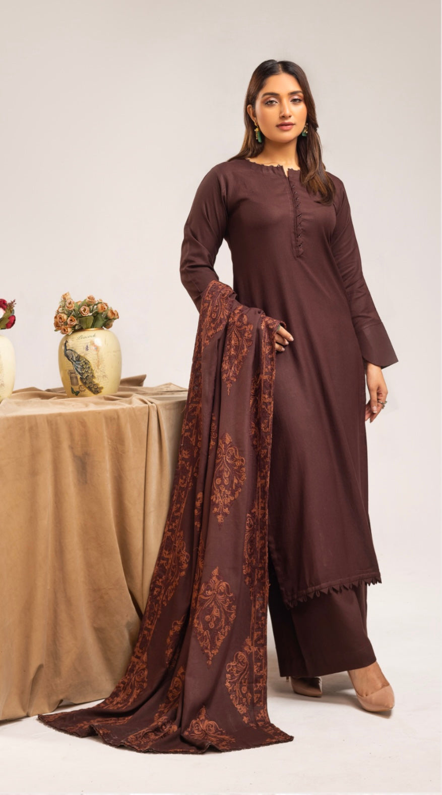 SIMRANS ‘AZURE’ | EMBROIDERED DHANAK READYMADE | SM801 (BROWN)