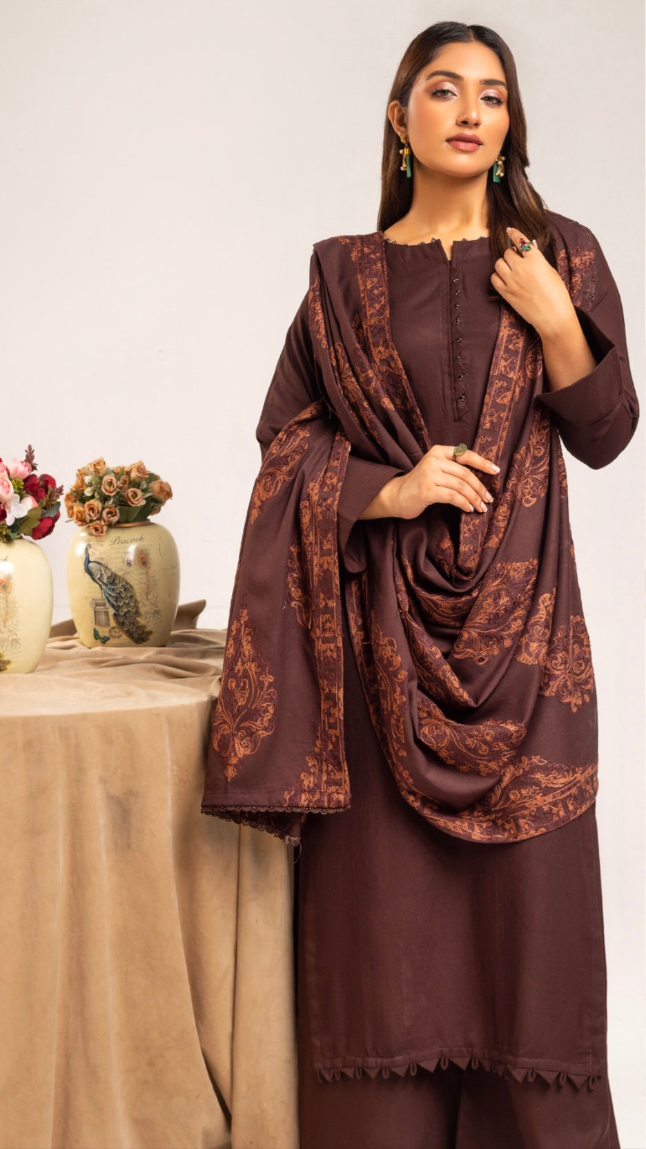 SIMRANS ‘AZURE’ | EMBROIDERED DHANAK READYMADE | SM801 (BROWN)