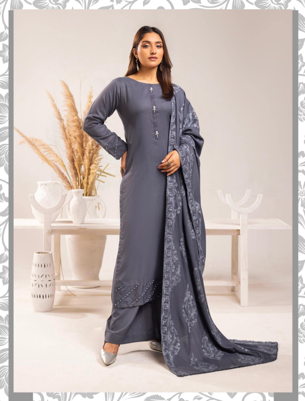 SIMRANS ‘AZURE’ | EMBROIDERED DHANAK READYMADE | SM801 (GREY)