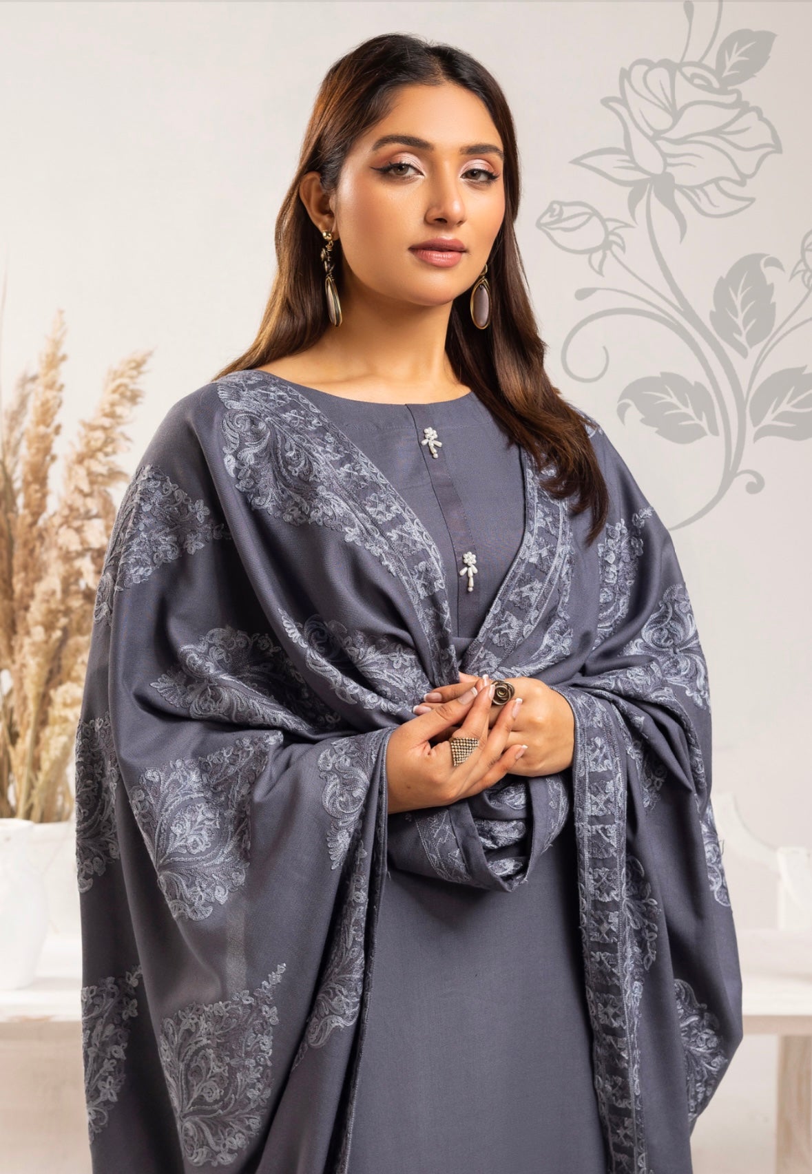 SIMRANS ‘AZURE’ | EMBROIDERED DHANAK READYMADE | SM801 (GREY)