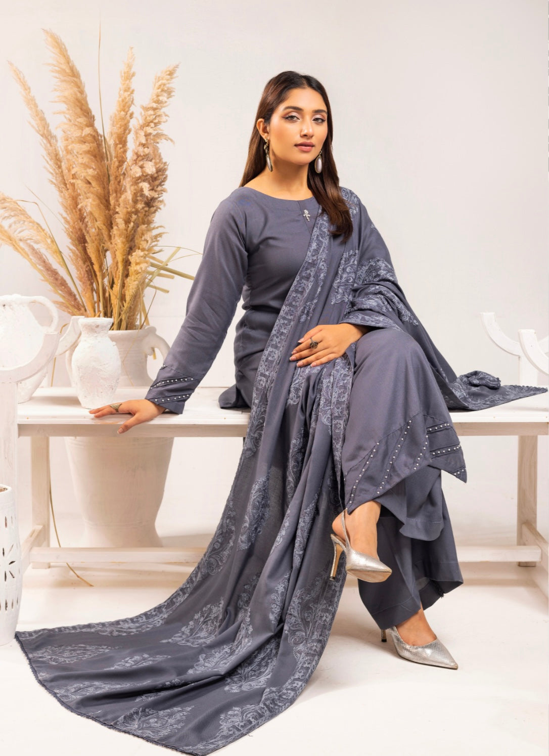 SIMRANS ‘AZURE’ | EMBROIDERED DHANAK READYMADE | SM801 (GREY)