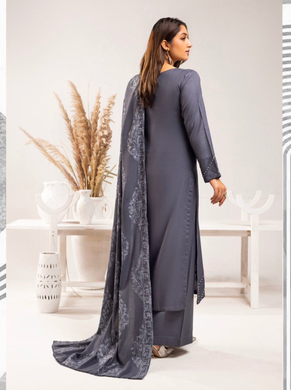 SIMRANS ‘AZURE’ | EMBROIDERED DHANAK READYMADE | SM801 (GREY)