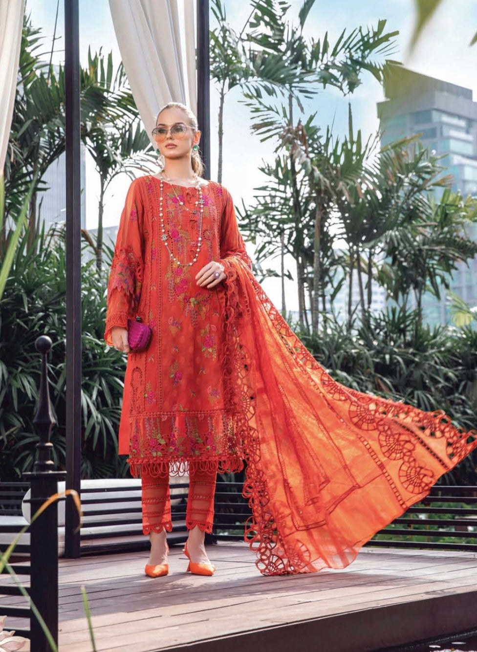 SIMRANS Mb inspired 3 piece luxury embroidered suit in orange MB3736-ORANGE