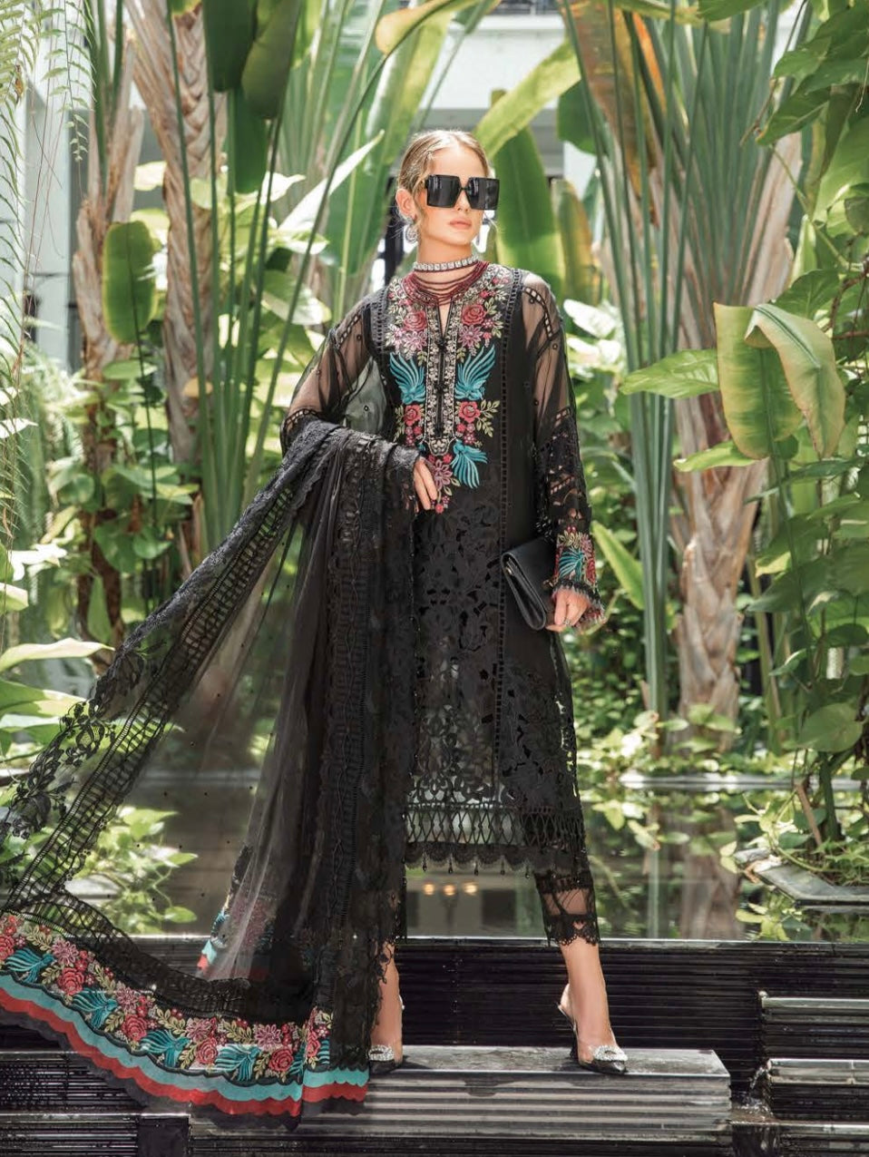 SIMRANS Mb inspired 3 piece embroidered suit in blac MB3738-BLACK