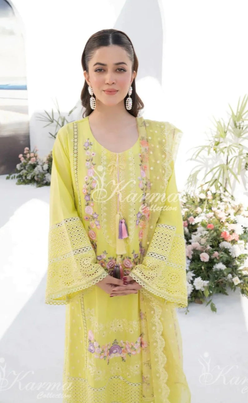 KARMA COLLECTION | EMBROIDERED COTTON READYMADE HIGHLIGHTER YELLOW | KMA-1344