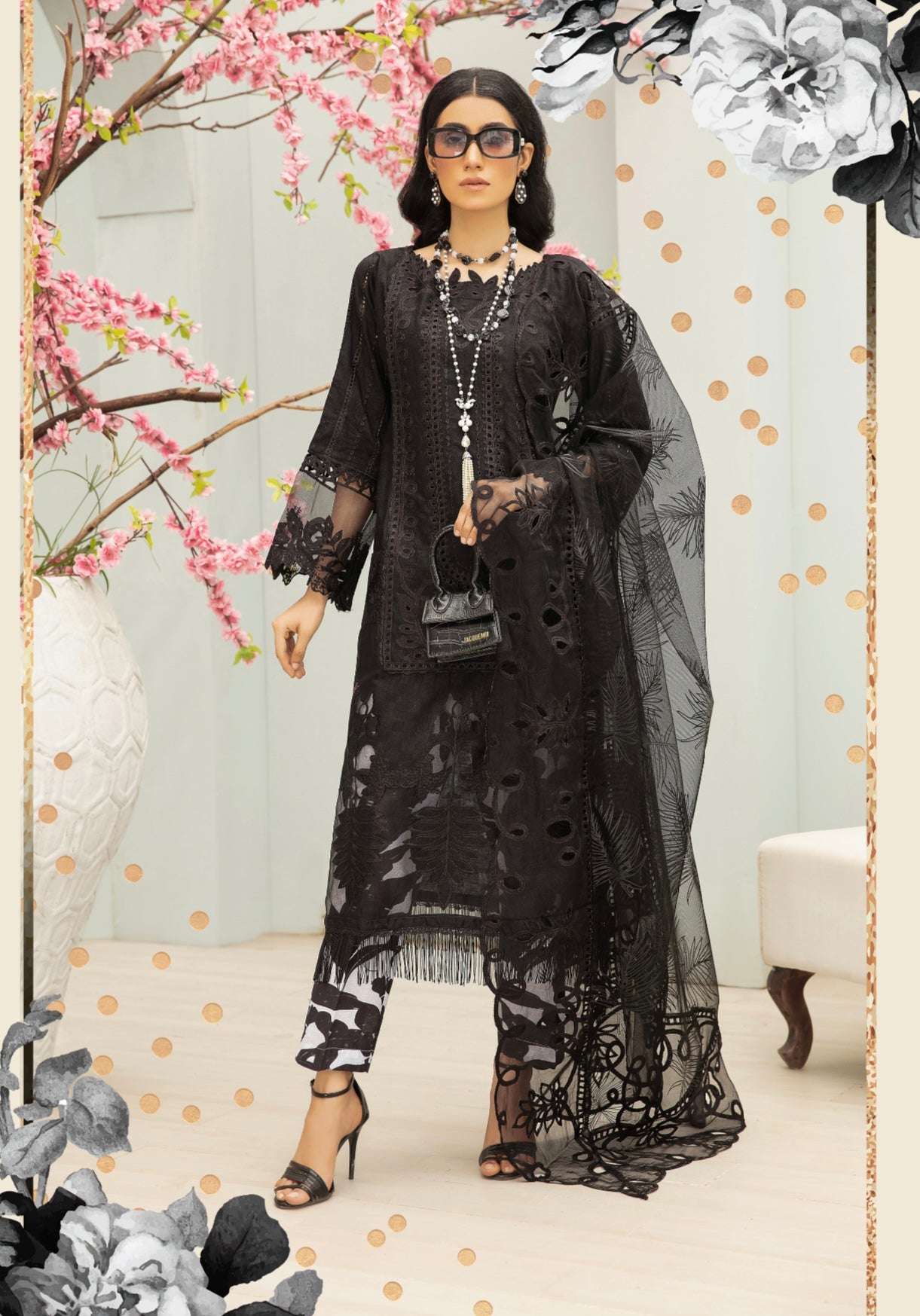 SIMRANS Mb inspired 3 piece casual embroidered Black suit MB692-BLACK