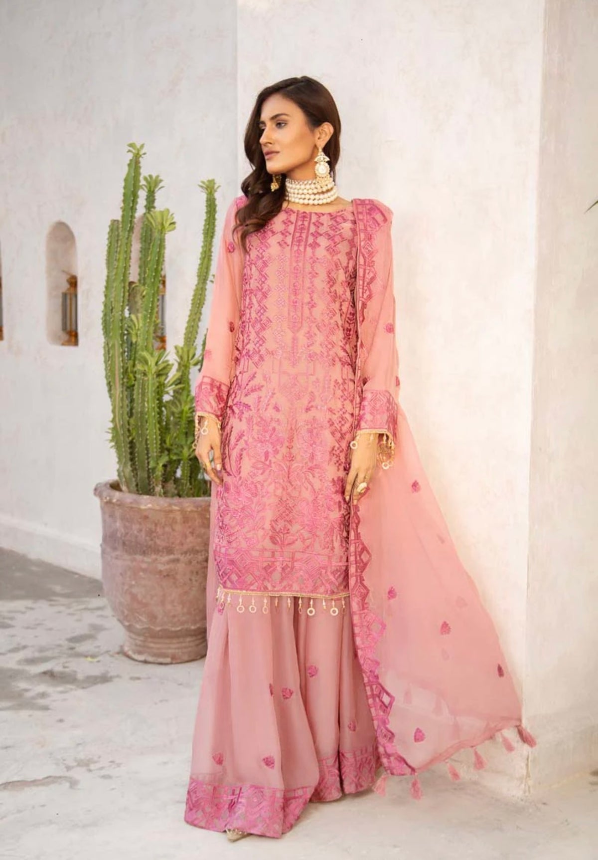 Simrans Wedding Chiffon Pink rose 3 Piece Sharara Outfit