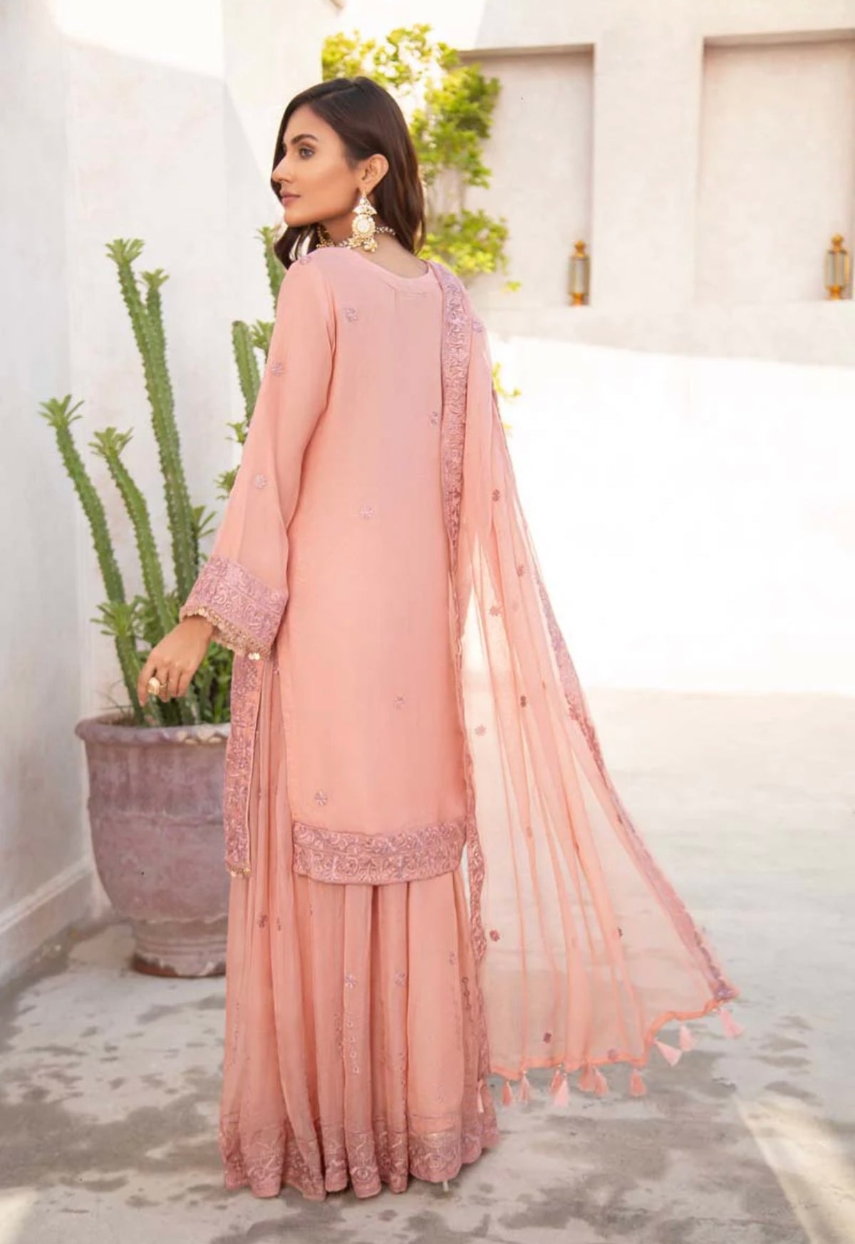 Simrans Wedding Chiffon coral reef 3 Piece Sharara Outfit