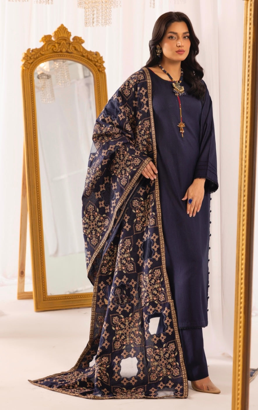 SIMRANS ‘LASERKARI’ | EMBROIDERED DHANAK READYMADE | SM747 (NAVY BLUE)