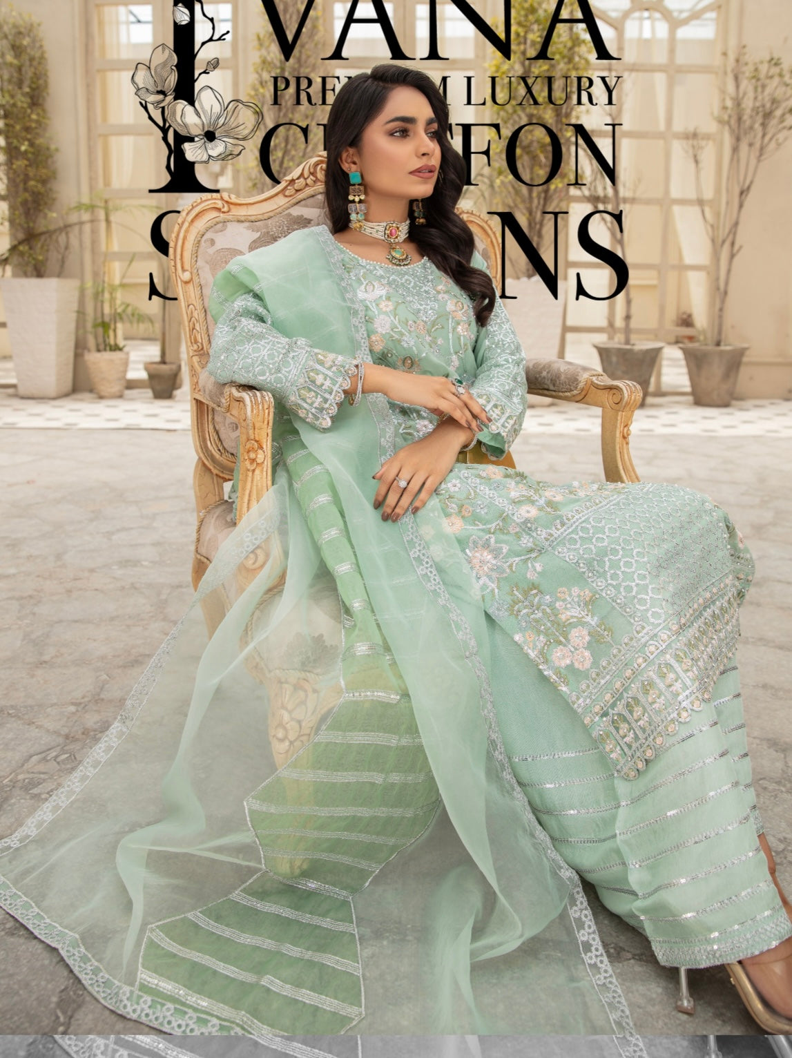 SIMRANS Ivana 3 piece luxury chiffon collection in green SIMRANS-678