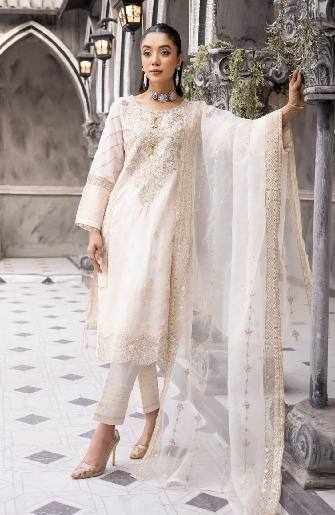 SIMRANS Zara Jacquard Eid collection 3 piece suit readymade - CREAM