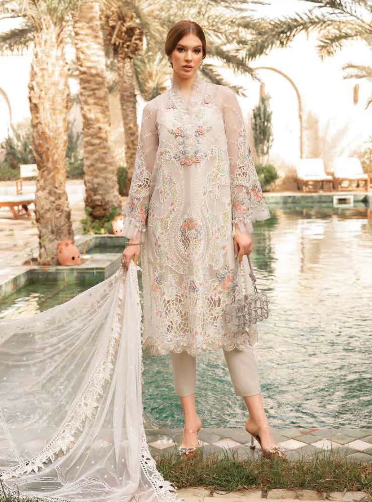 SIMRANS Maria B Inspired Embroidered 3 Piece readymade Outfit With Net Dupatta D-2405-A