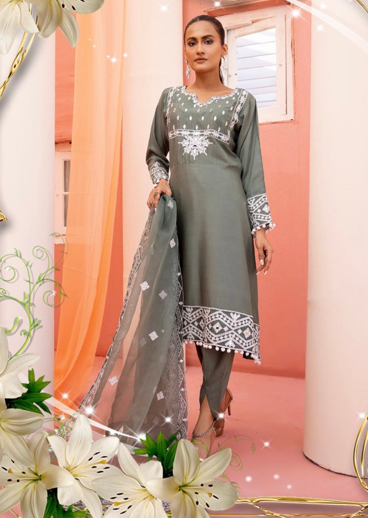 SIMRANS Anaya 3 piece mirror embroidered tulip dress ATC0131