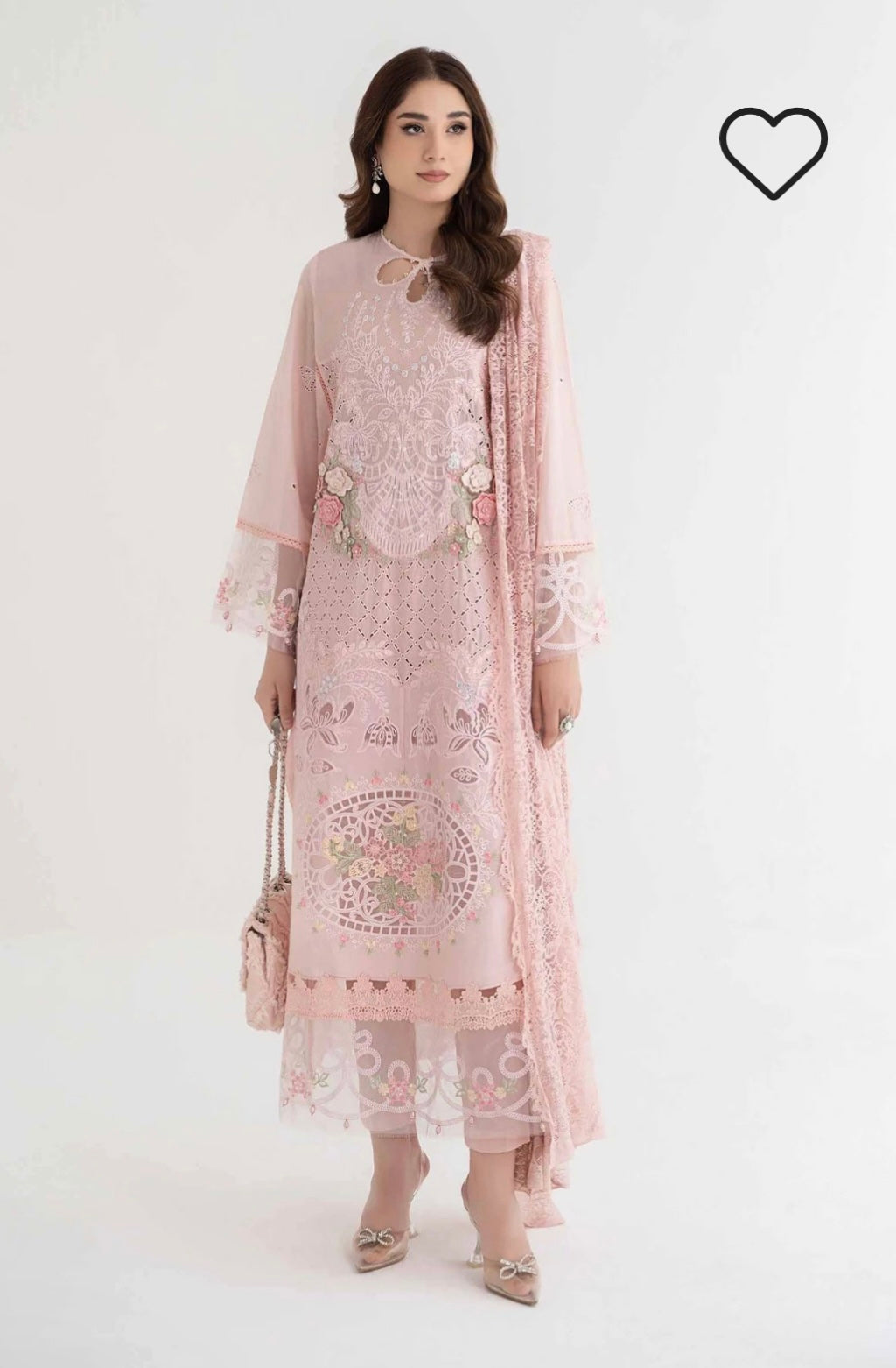 SIMRANS Maria b inspired tani 3 piece embroidered suit Peach