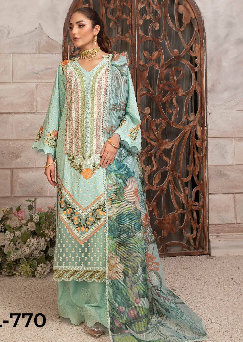 SIMRANS Crimson 3 piece sea green embroidered linen suitSKU AL770