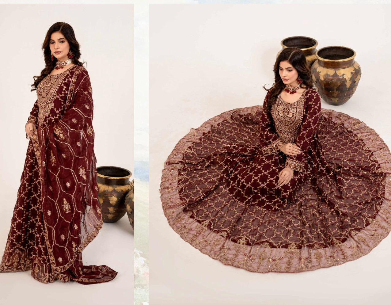 SIMRANS Shahjahan 3 piece embroidered chiffon long style dress -3528