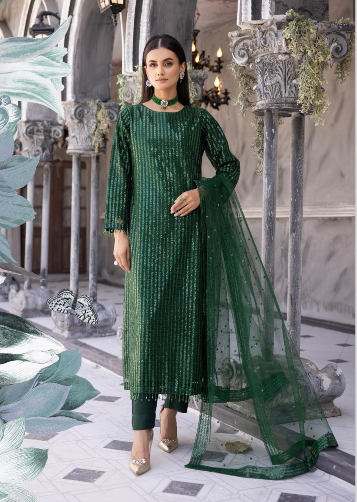 SIMRANS Baroque inspired Green Designer chiffon Embroidered 3 Piece Shimmer Outfit