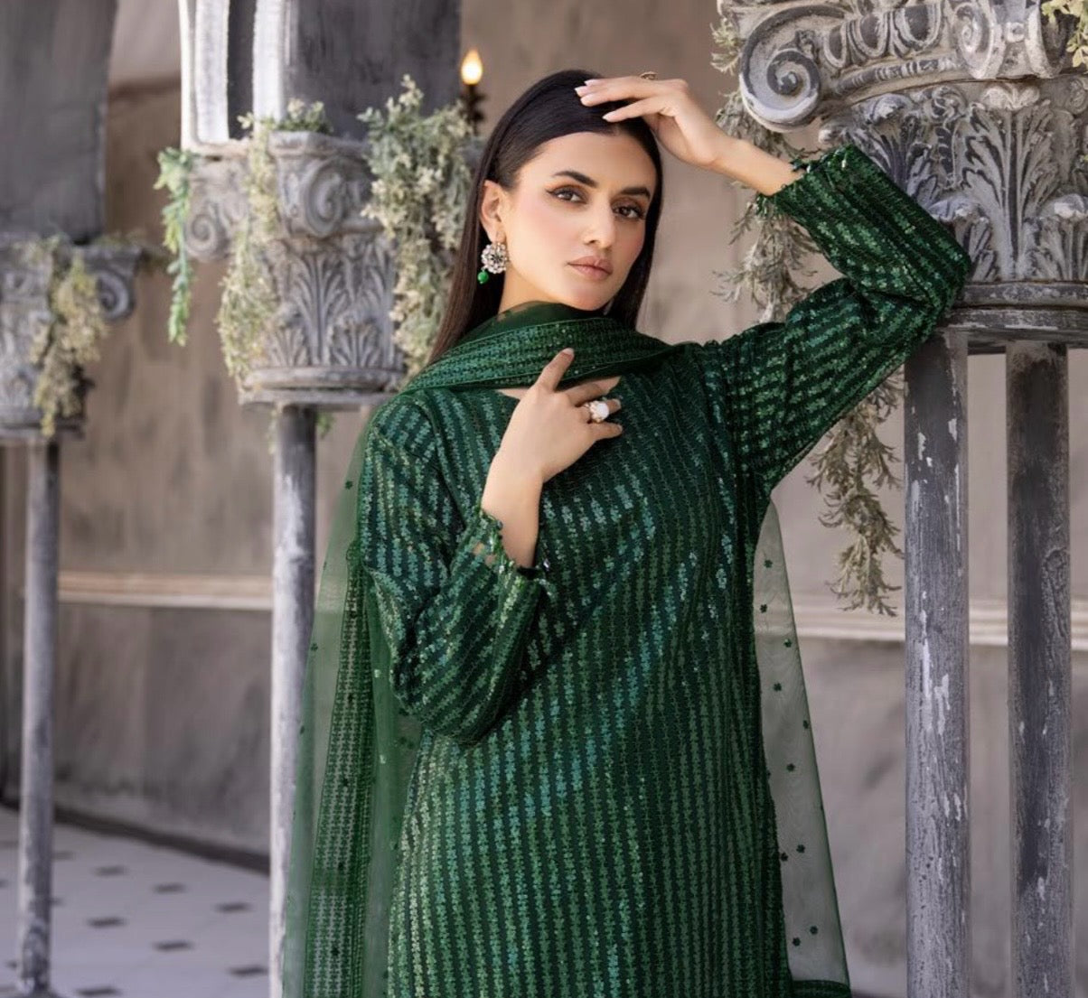 SIMRANS Baroque inspired Green Designer chiffon Embroidered 3 Piece Shimmer Outfit