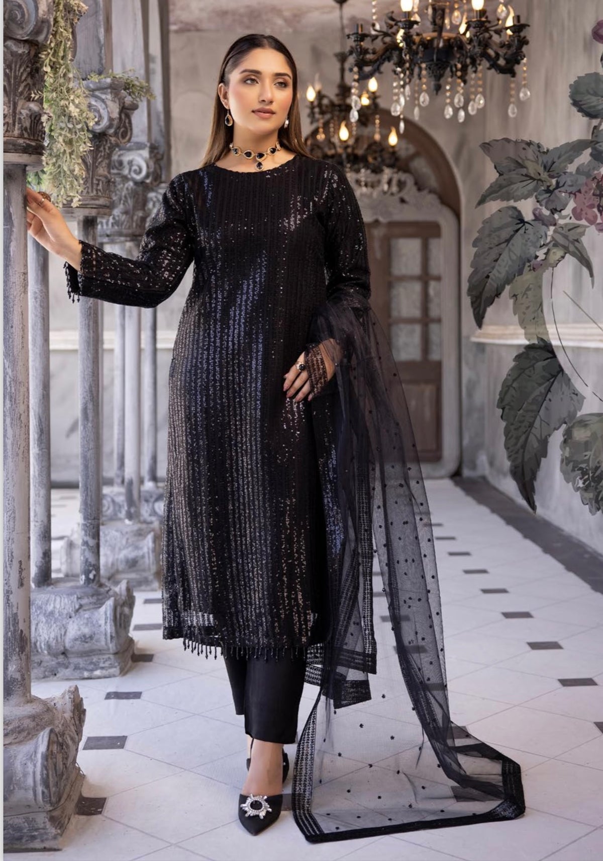 SIMRANS Baroque inspired Black Designer chiffon Embroidered 3 Piece Shimmer Outfit