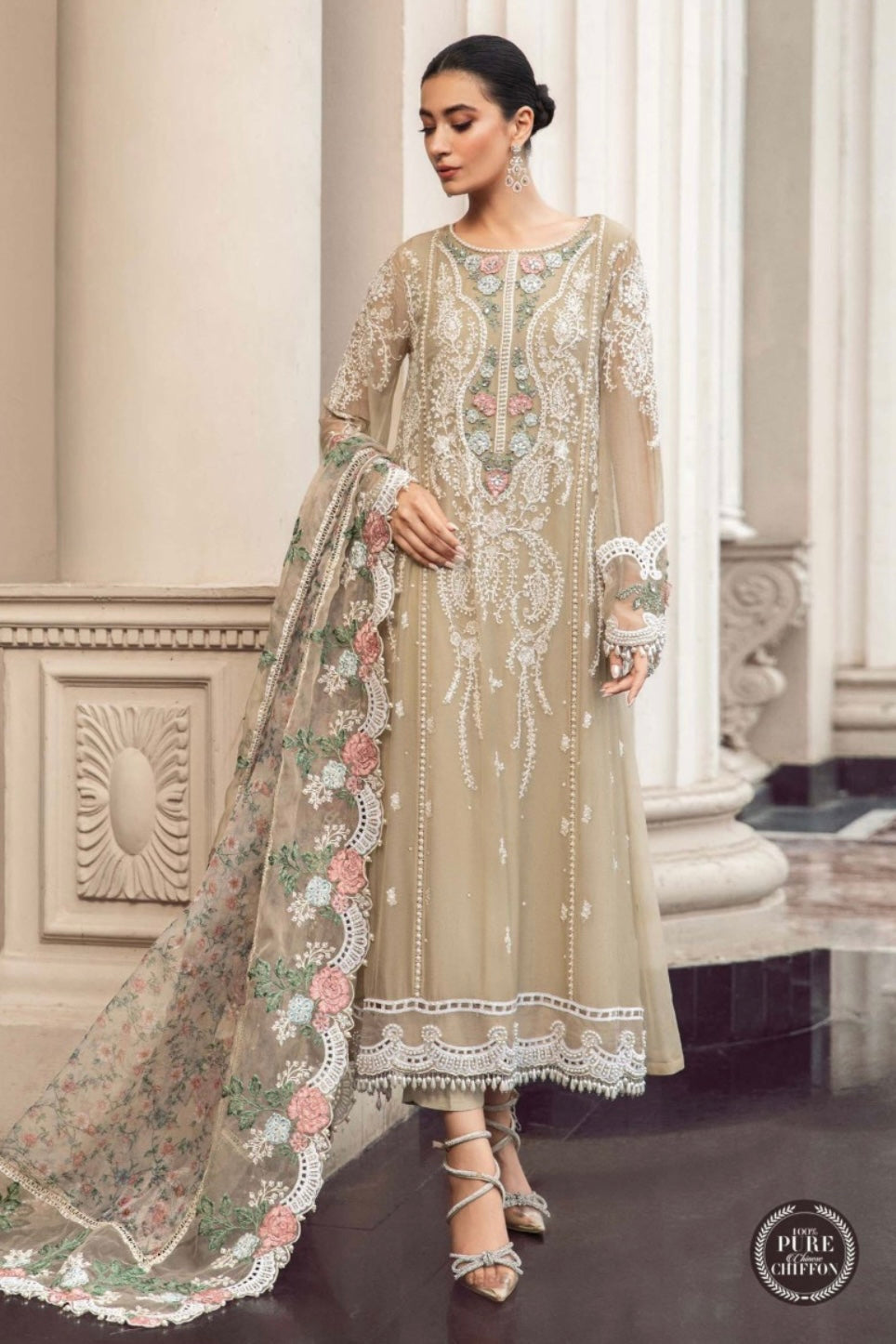 SIMRANS Maria b inspired 3 piece Chiffon embroidered beige suit MB3814-BEIGE