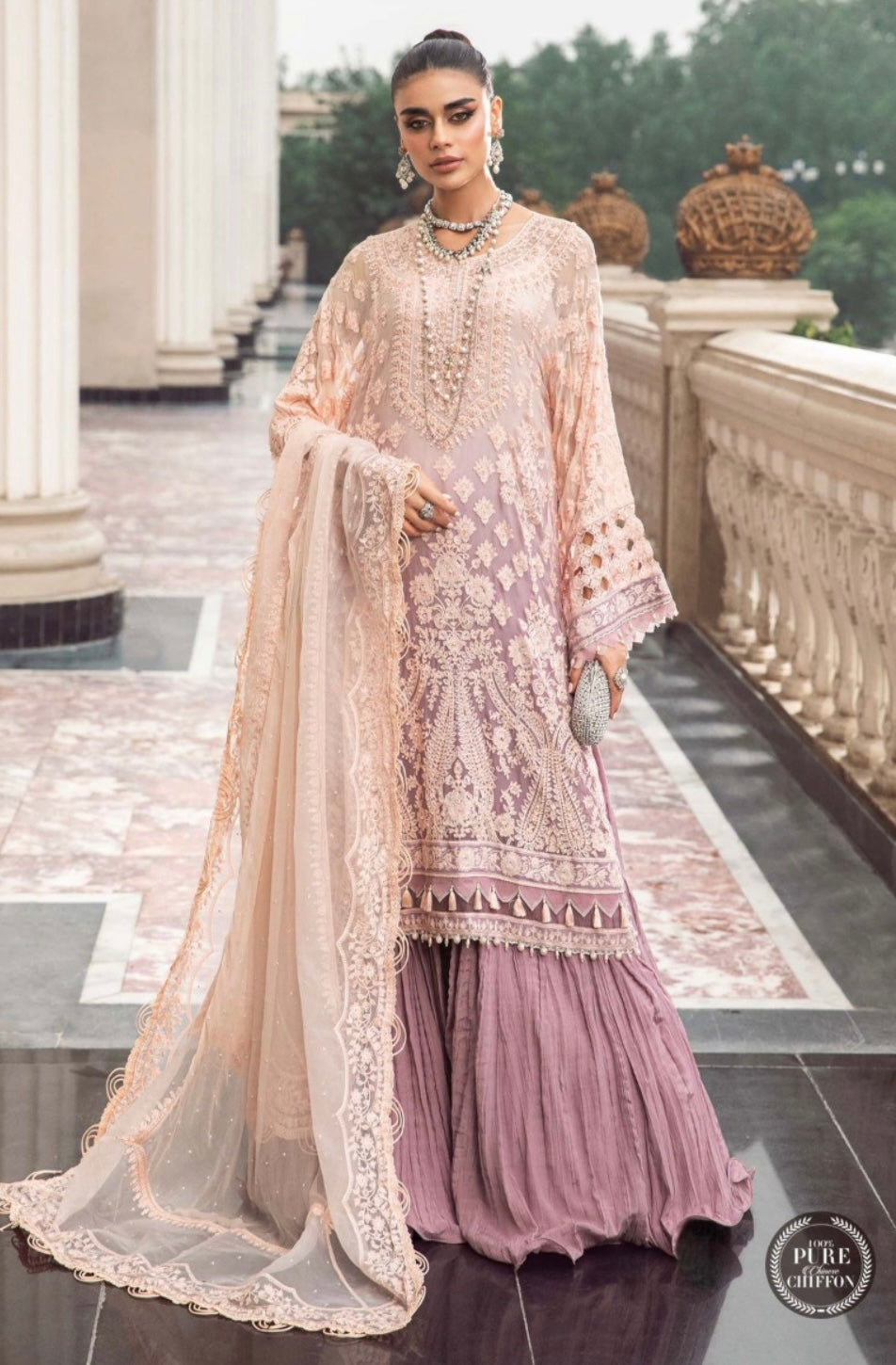 SIMRANS Maria b inspired 3 piece Chiffon peach gharara suit MB3813-PEACH