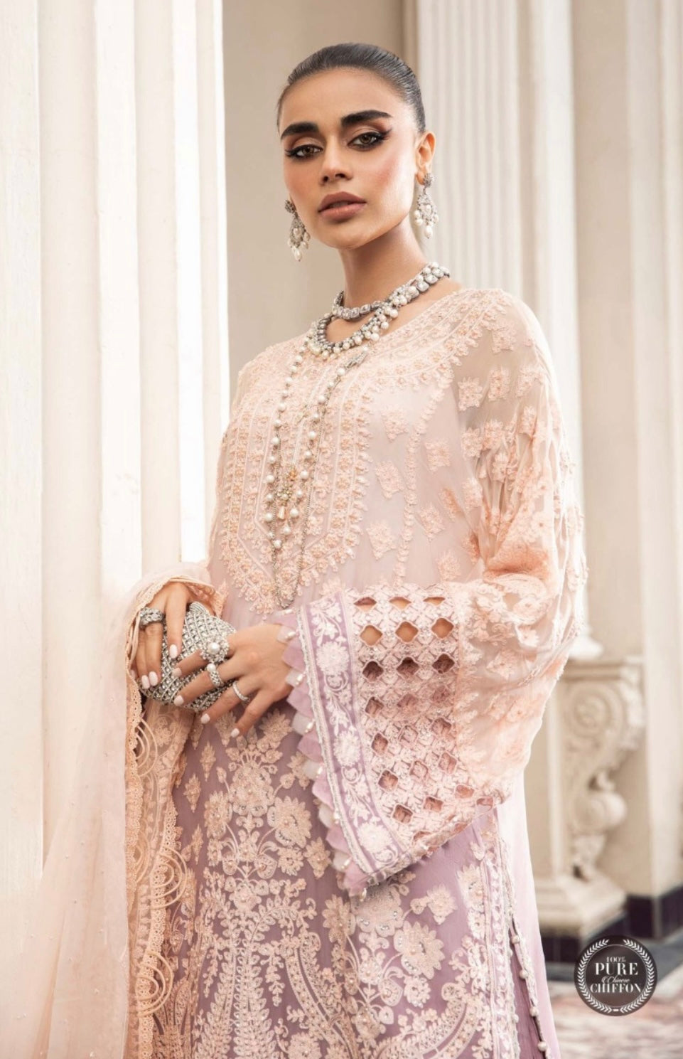 SIMRANS Maria b inspired 3 piece Chiffon peach gharara suit MB3813-PEACH