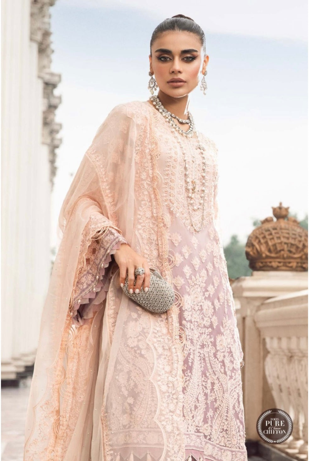 SIMRANS Maria b inspired 3 piece Chiffon peach gharara suit MB3813-PEACH