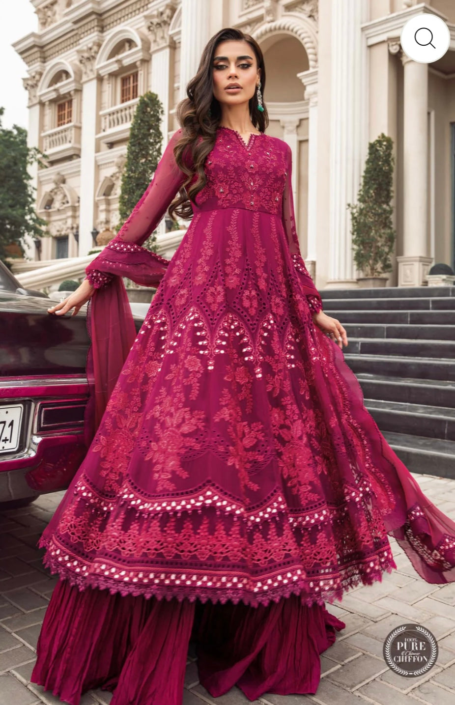 SIMRANS Maria b inspired 3 piece Chiffon embroidered suit MB3815- Magnetic pink